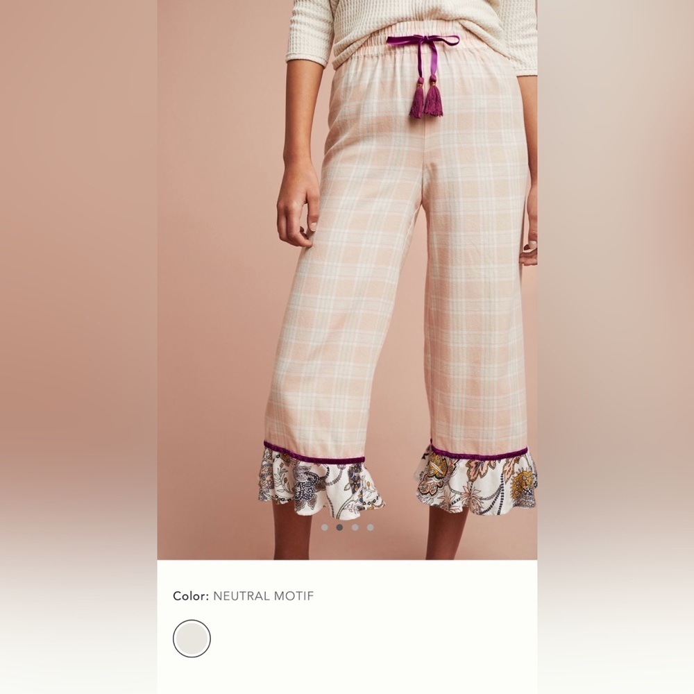 Large Anthropologie floreat patchwork sleep pants ruffle hem pink plaid floral